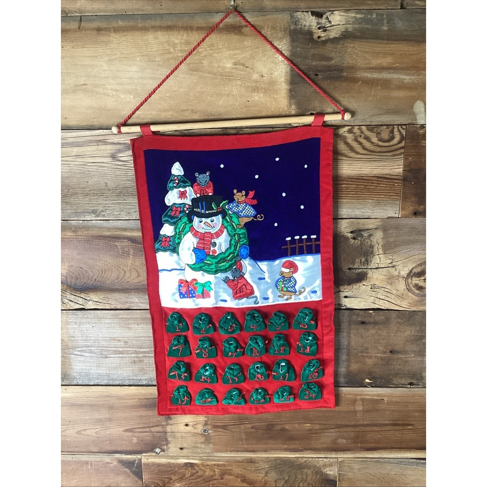 Vtg Snowman W/ Mice Velvet Christmas Advent Calendar Wall Hanging W/Pockets